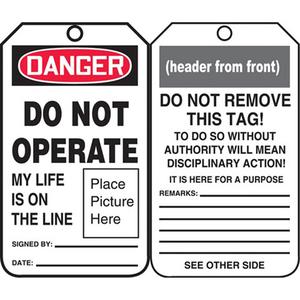 Safety Tags - English, Plastic, 3-3/8", 5-3/4", Danger Do Not Operate