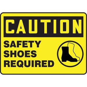 "Safety Shoes Required" Sign - Aluminum, Plastic, 10", 14", Bolt-On, English with Pictogram, Personal Protection, Caution; Safety Shoes Required w/Pictogram