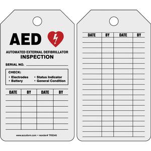 Automatic External Defibrillator Inspection Status Safety Tag - Paper, 5-3/4", 3-1/4", Hanging, English, Personal Protection, 3/8"