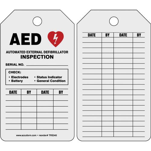 Automatic External Defibrillator Inspection Status Safety Tag - Paper, 5-3/4", 3-1/4", Hanging, English, Personal Protection, 3/8"