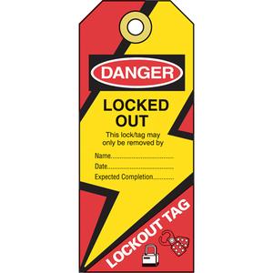 Lockout Tags - Vinyl, English, 2-3/4", 6-1/2", Yellow, red & black, Danger Locked Out
