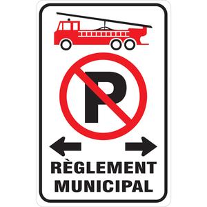 "Règlement Municipal" No Parking Sign - Aluminum, 12", 18", Bolt-On, French with Pictogram, Fire and Emergency, Règlement Municipal w/No Parking Pictogram