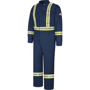 Flame-Resistant Coveralls with Reflective Trim - 38, 40, 42, 44, 46, 48, 50, 52, 54, 56, 58, Navy Blue, 12.2 cal/cm², NFPA 2112, 2, 9 oz., 88% Cotton, 12% Nylon, Regular, Twill