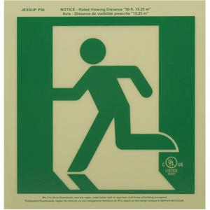Ultra-Glow™ Running Man Exit Sign - Aluminum, 9-1/2", 9-1/4", Bolt-On, Pictogram, Fire and Emergency, Left, 50', Green Illumination, Running Man Left Pictogram