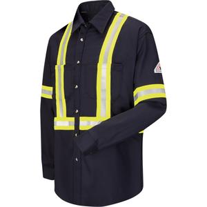Work Shirt with Reflective Trim - Navy Blue, Yellow, 3X-Large, Medium, Large, X-Large, 2X-Large, Cotton/Nylon, Meets/Exceeds CSA Z96 Class 2 - Level 2, Tall, ATPV 8.7 calories/cm²