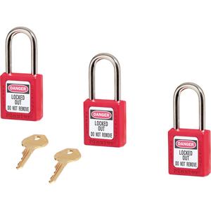 410 Series Zenex™ Padlocks - Set of Three - Safety Padlock, 1-1/2", 1/4", 1-1/2", 25/32", Thermoplastic, Steel, Red, Yellow, Keyed Alike, 1-3/4"