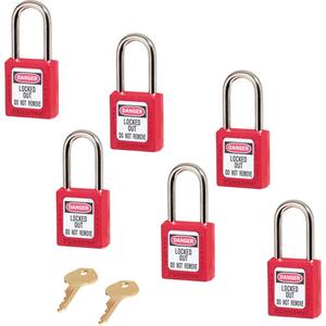 410 Series Zenex™ Padlocks - Set of Six - Safety Padlock, 1-1/2", 1/4", 1-1/2", 25/32", Thermoplastic, Steel, Red, Blue, Keyed Alike, 1-3/4"