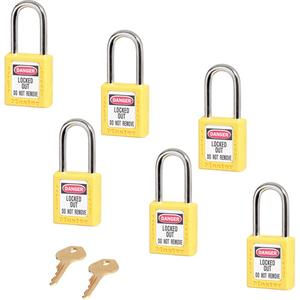 410 Series Zenex™ Padlocks - Set of Six - Safety Padlock, 1-1/2", 1/4", 1-1/2", 25/32", Thermoplastic, Steel, Yellow, Keyed Alike, 1-3/4"