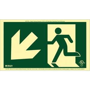 BradyGlo® Running Man Exit Sign with Down Left Arrow - Plastic, 8-1/2", 15", Bolt-On, Pictogram, Fire and Emergency, Running Man w/Down and to the Left Arrow