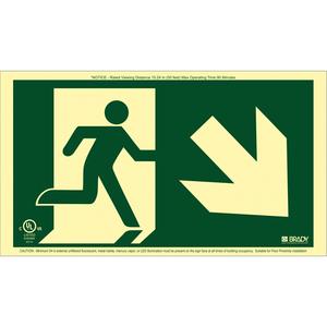 BradyGlo® Running Man Exit Sign with Down Right Arrow - Plastic, 8-1/2", 15", Bolt-On, Pictogram, Fire and Emergency, Running Man w/Down and to the Right Arrow