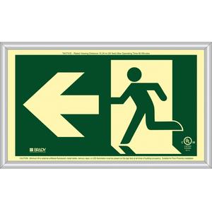 BradyGlo® Running Man Exit Sign with Left Arrow - Plastic, 8-1/2", 15", Bolt-On, Pictogram, Fire and Emergency, Running Man w/Left Arrow