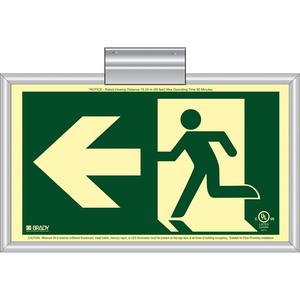 BradyGlo® Running Man Exit Sign with Left Arrow - Plastic, 8-1/2", 15", Hanging, Pictogram, Fire and Emergency, Running Man w/Left Arrow