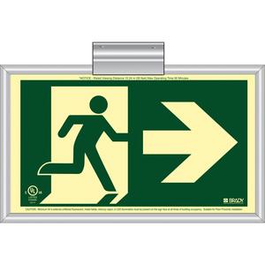 BradyGlo® Running Man Exit Sign with Right Arrow - Plastic, 8-1/2", 15", Hanging, Pictogram, Fire and Emergency, Running Man w/Right Arrow