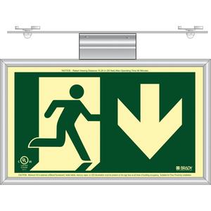 BradyGlo® Running Man Exit Sign with Down Arrow - Plastic, 8-1/2", 15", Hanging, Pictogram, Fire and Emergency, Running Man w/Downwards Arrow