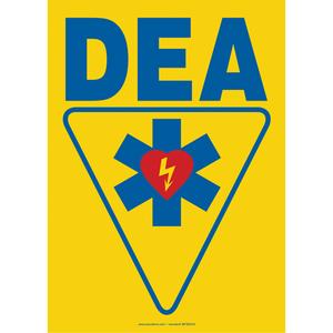 AED Sign - Vinyl, Plastic, Aluminum, 10", 7", Adhesive, French with Pictogram, First Aid, DEA w/Pictogram, '-20°F to 140°F, 2 years outdoors