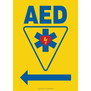 AED Sign - Plastic, Aluminum, 14", 10", Bolt-On, English with Pictogram, First Aid, AED w/Pictogram and Left Arrow