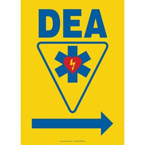 AED Sign - Plastic, Aluminum, 14", 10", Bolt-On, French with Pictogram, First Aid, DEA w/Pictogram and Right Arrow