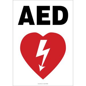 AED Sign - Vinyl, Plastic, Aluminum, 20", 14", Adhesive, English with Pictogram, First Aid, AED w/Heart Pictogram