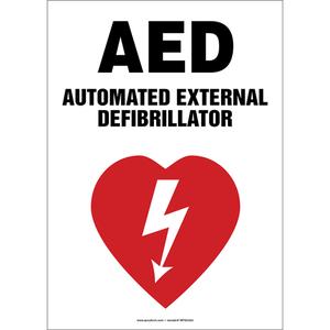 AED Sign - Vinyl, Plastic, Aluminum, 20", 14", Adhesive, English with Pictogram, First Aid, AED Automatic External Defibrillator