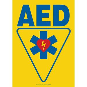 AED Sign - Plastic, Aluminum, Vinyl, 10", 7", Bolt-On, English with Pictogram, First Aid, AED w/Pictogram, 90°F to 168°F, 2 years outdoors