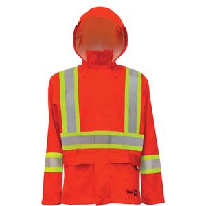 Hi-Vis FR/PU Safety Rain Jackets - Large, Small, Medium, X-Large, 2X-Large, 3X-Large, 4X-Large, High Visibility Orange, PU/Polyester, ASTM D6413