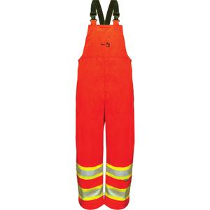 Hi-Vis FR/PU Safety Rain Bib Pants - Large, Small, Medium, X-Large, 2X-Large, 3X-Large, High Visibility Orange, PU/Polyester, ASTM D6413