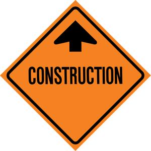 Construction Ahead Roll-Up Traffic Sign - Vinyl, 36", 36", Stand, Bilingual with Pictogram, Traffic/Construction, Construction w/Upwards Arrow
