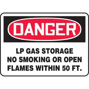 "LP Gas Storage" Sign - Plastic, 10", 14", Bolt-On, English, Chemicals and Hazardous Materials, Danger, LP Gas Storage No Smoking or Open Flames Within 50Ft.