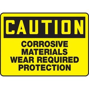"Corrosive Materials" Sign - Vinyl, 10", 14", Adhesive, English, Personal Protection, Caution; Corrosive Materials Wear Required Protection