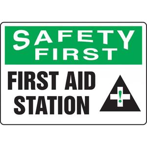 "First Aid Station" Sign - Plastic, 7", 10", Bolt-On, English with Pictogram, First Aid, Safety First; First Aid Station w/Pictogram