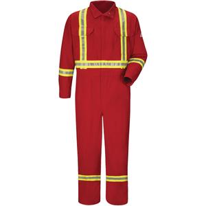 Flame-Resistant Deluxe Coveralls with Reflective Trim - 38, 58, Red, 5.6 cal/cm², NFPA 70E/NFPA 2112, 1, ATPV 5.6 calories/cm² (HRC 1), CSA Z96-09 Class 1 Level FR, Flame resistant, 6 oz. NOMEX® IIIA