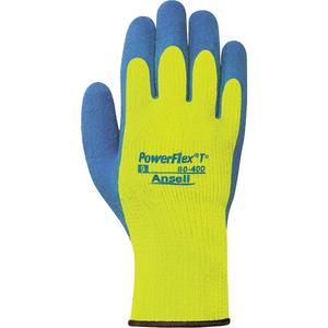 PowerFlex® T° Hi Viz™ 80-400 Gloves - Small/7, Medium/8, Large/9, X-Large/10, 2X-Large/11, 7, Terry, Rubber Latex, Dipped Palm, Acrylic, 72, Crinkle, Hi-Vis Yellow, Knit