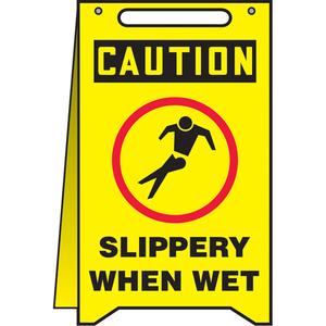 "Slippery When Wet" Fold-Ups™ Sign - 20", English with Pictogram, Plastic, Upright, 12"