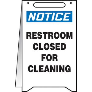 "Restroom Closed For Cleaning" Fold-Ups™ Sign - 20.0", English, Plastic, Upright, Notice; Restroom Closed for Cleaning, 12"
