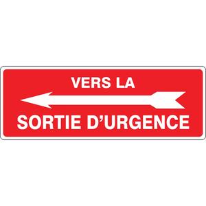 "Sortie d'urgence" Sign - Aluminum, 14", 5", Bolt-On, French with Pictogram, Fire and Emergency, '-20°F to 140°F, 5 years outdoors, Vers la Sortie D'Urgence w/Left Arrow