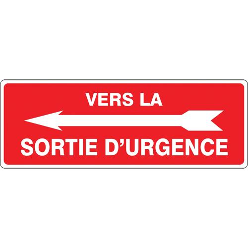 "Sortie d'urgence" Sign - Aluminum, 14", 5", Bolt-On, French with Pictogram, Fire and Emergency, '-20°F to 140°F, 5 years outdoors, Vers la Sortie D'Urgence w/Left Arrow