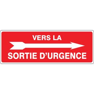 "Sortie d'urgence" Sign - Aluminum, 14", 5", Bolt-On, French with Pictogram, Fire and Emergency, 5 years outdoors, Vers la Sortie D'Urgence w/Right Arrow, '-20°F to 140°F