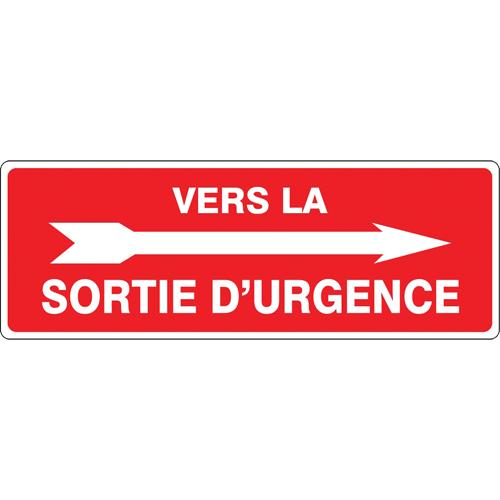 "Sortie d'urgence" Sign - Aluminum, 14", 5", Bolt-On, French with Pictogram, Fire and Emergency, 5 years outdoors, Vers la Sortie D'Urgence w/Right Arrow, '-20°F to 140°F