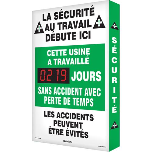 "Jours sans accident" Digi-Day® 3 Electronic Signal Scoreboard - Aluminum, 28", 20", Bolt-On, French with Pictogram, Safety Incentive and Motivational