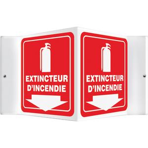 "Extincteur d'incendie" Projection™ Sign - Plastic, 6", 5", Bolt-On, French with Pictogram, Fire and Emergency, Sortie D'Incendie w/Pictogram & Downward Arrow, 3D, 4"