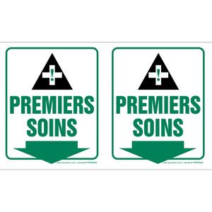 "Premier soins" Projection™ Sign - Plastic, 6", 8-1/2", Bolt-On, French with Pictogram, First Aid, 4", Premiers Soins w/Pictogram and Downward Arrow, 3D