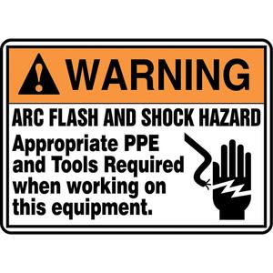 "Arc Flash & Shock Hazard" Sign - Aluminum, 7", 10", Bolt-On, English with Pictogram, Specific Hazards