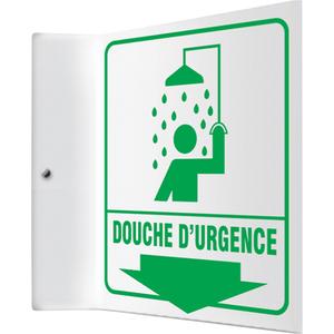 "Douche d'urgence" Projection™ Sign - Plastic, 8", 8", Bolt-On, French with Pictogram, First Aid, 1-1/2", 90°, Douche D'Urgence w/Pictogram and Downward Arrow