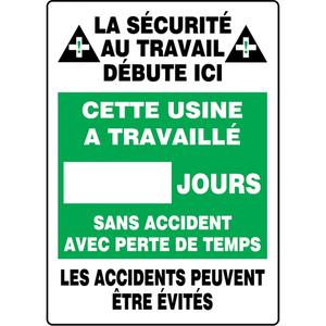 Write-A-Day Scoreboards - Plastic, 14", 20", Bolt-On, French with Pictogram, Safety Incentive and Motivational, Cette usine a travaillé XX jours sans accident avec perte de temps