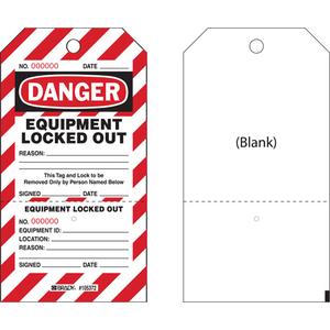 "Danger Equipment Locked Out" Two-Part Perforated Tags - Paper, English, 4", 7-1/2", Package, 25, Black & Red on White, Package