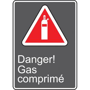 Gas comprimé CSA Standard Safety Sign - Plastic, 14", 10", Bolt-On, French with Pictogram, Chemicals and Hazardous Materials, Danger! Gaz Comprimé w/Pictogram