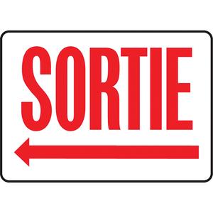 "Sortie" Sign - Plastic, 10", 14", Bolt-On, French with Pictogram, Admittance and Exit, Sortie w/Left Arrow