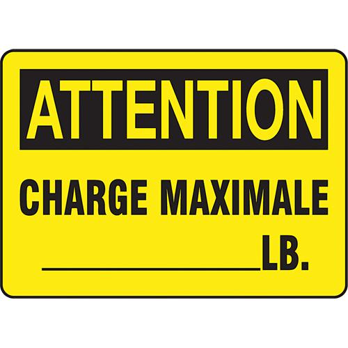 Customizable "Charge maximale" Sign - Plastic, 7", 10", Bolt-On, French, Specific Hazards, Attention; Charge Maximale _ lb.