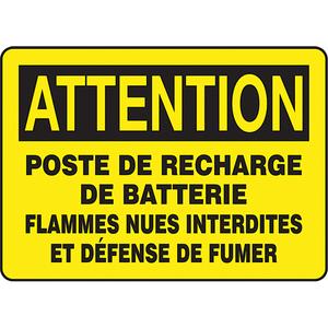 "Poste de recharge de batterie" Sign - Plastic, 10", 14", Bolt-On, French, Chemicals and Hazardous Materials, Attention; Poste De Recharge De Batterie Flammes Nues Interdites Et Défense De Fumer