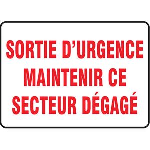 "Sortie d'urgence maintenir ce secteur dégagé" Sign - Plastic, 7", 10", Bolt-On, French, Fire and Emergency, Sortie D'Urgence Maintenir Ce Secteur Dégagé